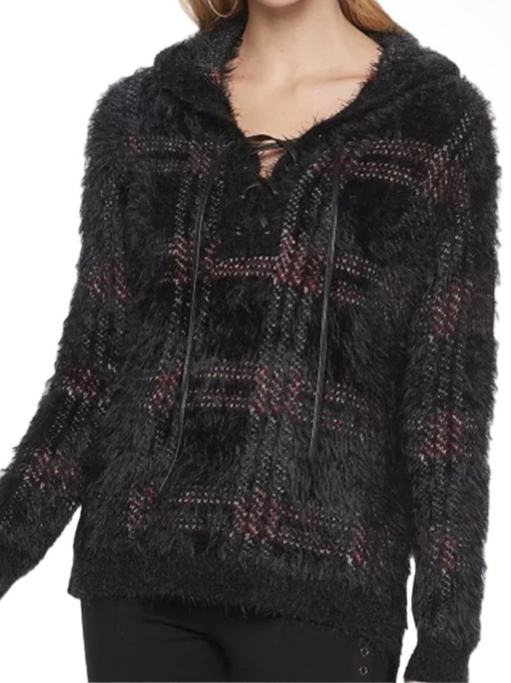 ROCK & REPUBLIC L/S Plaid Hooded Tunic Eyelash Sweater in Blk/Red Size XL - Picture 9 of 9